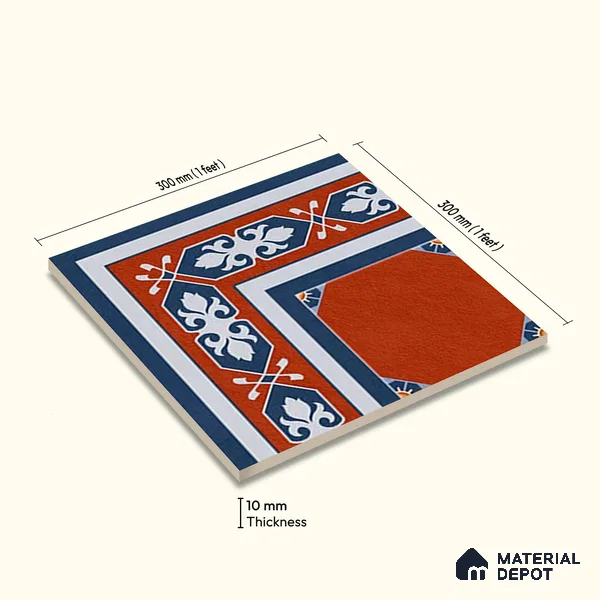 Moroccan Athangudi Carpet Floor Tile TL 10448 Corner 1 ft x 1 ft - Ceramic Matte Finish -10 mm | Suitable for Living Room, Kitchen, Dining Area | Please Expect a Slight Variation of Pattern