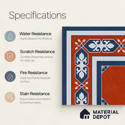 Moroccan Athangudi Carpet Floor Tile TL 10448 Corner 1 ft x 1 ft - Ceramic Matte Finish -10 mm | Suitable for Living Room, Kitchen, Dining Area | Please Expect a Slight Variation of Pattern