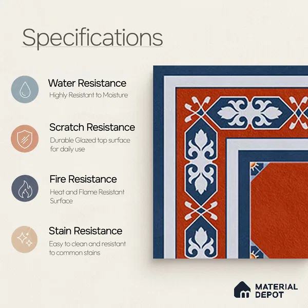 Moroccan Athangudi Carpet Floor Tile TL 10448 Corner 1 ft x 1 ft - Ceramic Matte Finish -10 mm | Suitable for Living Room, Kitchen, Dining Area | Please Expect a Slight Variation of Pattern