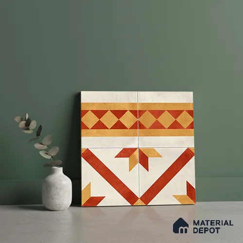 Moroccan Athangudi Carpet Floor Tile TL 10454 B Border 1 ft x 1 ft - Ceramic Matte Finish -10 mm | Suitable for Living Room, Kitchen, Dining Area | Please Expect a Slight Variation of Pattern