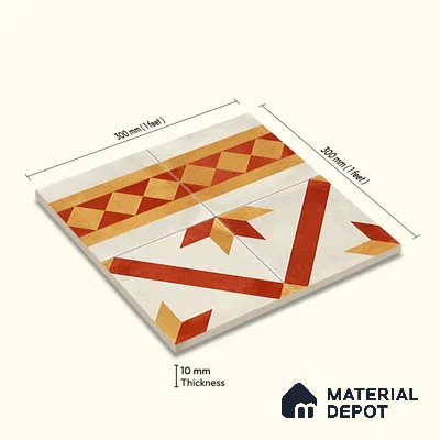 Moroccan Athangudi Carpet Floor Tile TL 10454 B Border 1 ft x 1 ft - Ceramic Matte Finish -10 mm | Suitable for Living Room, Kitchen, Dining Area | Please Expect a Slight Variation of Pattern
