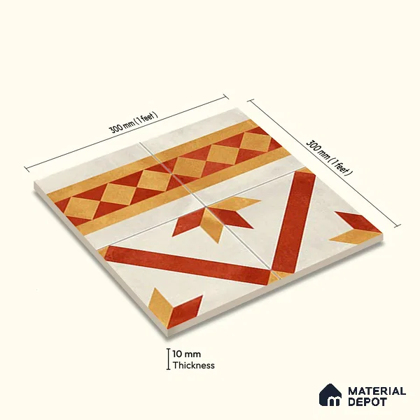 Moroccan Athangudi Carpet Floor Tile TL 10454 B Border 1 ft x 1 ft - Ceramic Matte Finish -10 mm | Suitable for Living Room, Kitchen, Dining Area | Please Expect a Slight Variation of Pattern