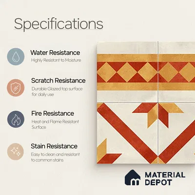 Moroccan Athangudi Carpet Floor Tile TL 10454 B Border 1 ft x 1 ft - Ceramic Matte Finish -10 mm | Suitable for Living Room, Kitchen, Dining Area | Please Expect a Slight Variation of Pattern