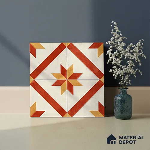 Moroccan Athangudi Carpet Floor & Wall Tile TL 10454 C Center 1 ft x 1 ft - Ceramic Matte Finish -10 mm | Suitable for Living Room, Kitchen, Bathroom | Please Expect a Slight Variation of Pattern | Image 04