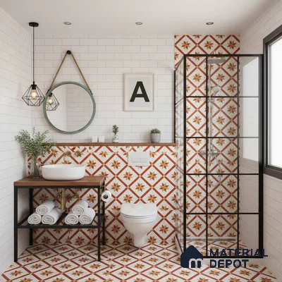 Moroccan Athangudi Carpet Floor & Wall Tile TL 10454 C Center 1 ft x 1 ft - Ceramic Matte Finish -10 mm | Suitable for Living Room, Kitchen, Bathroom | Please Expect a Slight Variation of Pattern