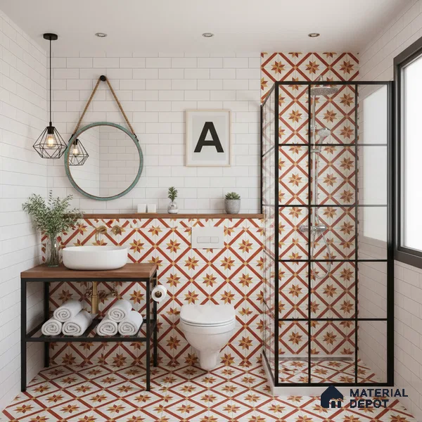 Moroccan Athangudi Carpet Floor & Wall Tile TL 10454 C Center 1 ft x 1 ft - Ceramic Matte Finish -10 mm | Suitable for Living Room, Kitchen, Bathroom | Please Expect a Slight Variation of Pattern