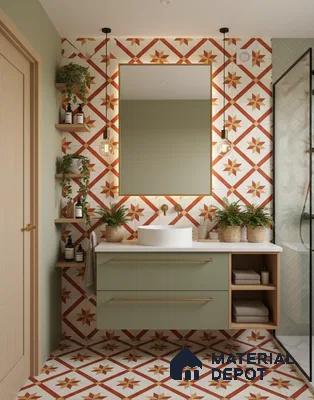 Moroccan Athangudi Carpet Floor & Wall Tile TL 10454 C Center 1 ft x 1 ft - Ceramic Matte Finish -10 mm | Suitable for Living Room, Kitchen, Bathroom | Please Expect a Slight Variation of Pattern
