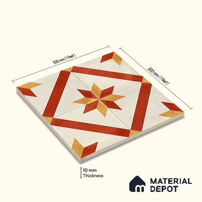 Moroccan Athangudi Carpet Floor & Wall Tile TL 10454 C Center 1 ft x 1 ft - Ceramic Matte Finish -10 mm | Suitable for Living Room, Kitchen, Bathroom | Please Expect a Slight Variation of Pattern