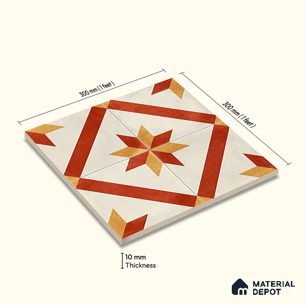 Moroccan Athangudi Carpet Floor & Wall Tile TL 10454 C Center 1 ft x 1 ft - Ceramic Matte Finish -10 mm | Suitable for Living Room, Kitchen, Bathroom | Please Expect a Slight Variation of Pattern