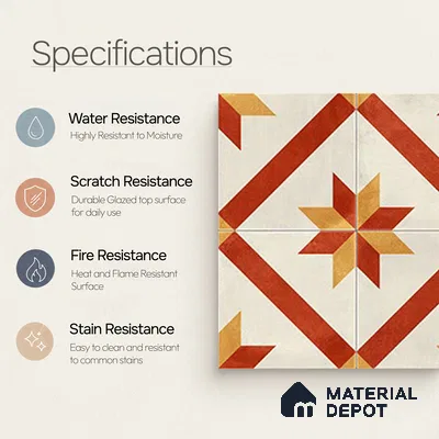 Moroccan Athangudi Carpet Floor & Wall Tile TL 10454 C Center 1 ft x 1 ft - Ceramic Matte Finish -10 mm | Suitable for Living Room, Kitchen, Bathroom | Please Expect a Slight Variation of Pattern