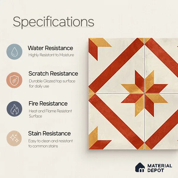 Moroccan Athangudi Carpet Floor & Wall Tile TL 10454 C Center 1 ft x 1 ft - Ceramic Matte Finish -10 mm | Suitable for Living Room, Kitchen, Bathroom | Please Expect a Slight Variation of Pattern