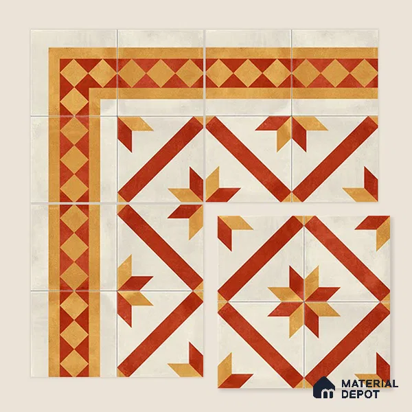 Moroccan Athangudi Carpet Floor Tile TL 10454 Corner 1 ft x 1 ft - Ceramic Matte Finish -10 mm | Suitable for Living Room, Kitchen, Dining Area | Please Expect a Slight Variation of Pattern