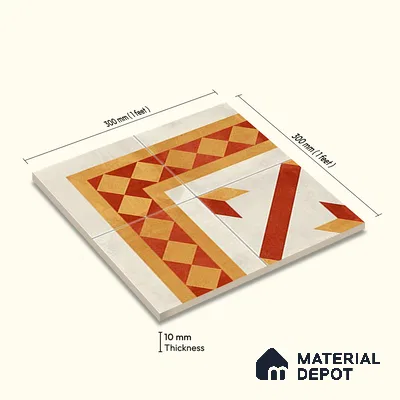 Moroccan Athangudi Carpet Floor Tile TL 10454 Corner 1 ft x 1 ft - Ceramic Matte Finish -10 mm | Suitable for Living Room, Kitchen, Dining Area | Please Expect a Slight Variation of Pattern