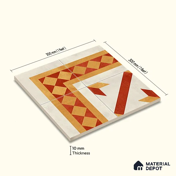 Moroccan Athangudi Carpet Floor Tile TL 10454 Corner 1 ft x 1 ft - Ceramic Matte Finish -10 mm | Suitable for Living Room, Kitchen, Dining Area | Please Expect a Slight Variation of Pattern