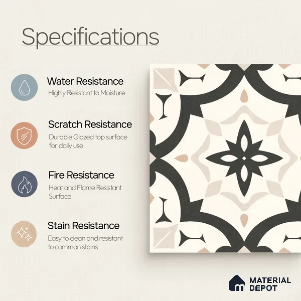 Moroccan Wall & Floor Tile TL 10459 Dimona 1 ft x 1 ft Vitrified Matte Finish - 9.5 mm | Suitable for Bathroom, Kitchen, Balcony | 2 mm Spacer is Mandatory | Please Expect a Slight Variation of Pattern