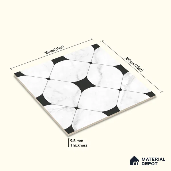 Moroccan Wall & Floor Tile TL 10462 Greybel Monochrome 1 ft x 1 ft Vitrified Matte Finish - 9.5 mm | Suitable for Bathroom, Kitchen, Entryway | 2 mm Spacer is Mandatory | Please Expect a Slight Variation of Pattern