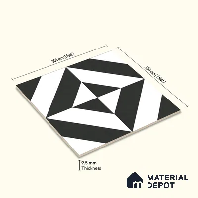 Moroccan Wall & Floor Tile TL 10464 Midnight Monochrome 1 ft x 1 ft Vitrified Matte Finish - 9.5 mm | Suitable for Bathroom, Kitchen, Balcony | 2 mm Spacer is Mandatory | Please Expect a Slight Variation of Pattern