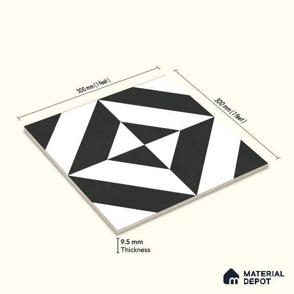Moroccan Wall & Floor Tile TL 10464 Midnight Monochrome 1 ft x 1 ft Vitrified Matte Finish - 9.5 mm | Suitable for Bathroom, Kitchen, Balcony | 2 mm Spacer is Mandatory | Please Expect a Slight Variation of Pattern