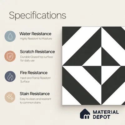 Moroccan Wall & Floor Tile TL 10464 Midnight Monochrome 1 ft x 1 ft Vitrified Matte Finish - 9.5 mm | Suitable for Bathroom, Kitchen, Balcony | 2 mm Spacer is Mandatory | Please Expect a Slight Variation of Pattern