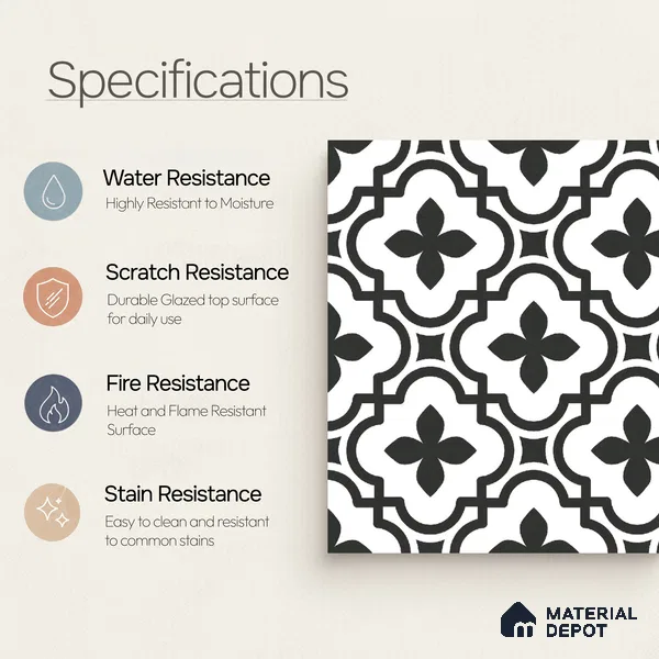 Moroccan Wall & Floor Tile TL 10465 Romano Monochrome 1 ft x 1 ft Vitrified Matte Finish - 9.5 mm | Suitable for Bathroom, Kitchen, Balcony | 2 mm Spacer is Mandatory | Please Expect a Slight Variation of Pattern