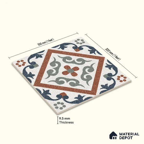 Moroccan Wall & Floor Tile TL 10467 Storm Blue 1 ft x 1 ft Vitrified Matte Finish - 9.5 mm | Suitable for Bathroom, Kitchen, Balcony | 2 mm Spacer is Mandatory | Please Expect a Slight Variation of Pattern
