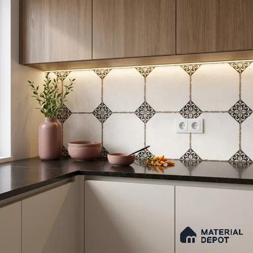 Moroccan Wall & Floor Athangudi Tile TL 10472 B Menta Black 1 ft x 1 ft Vitrified Glue Granula Matte Finish - 9.5 mm | Suitable for Bathroom, Kitchen, Balcony | 2 mm Spacer is Mandatory | Please Expect a Slight Variation of Pattern