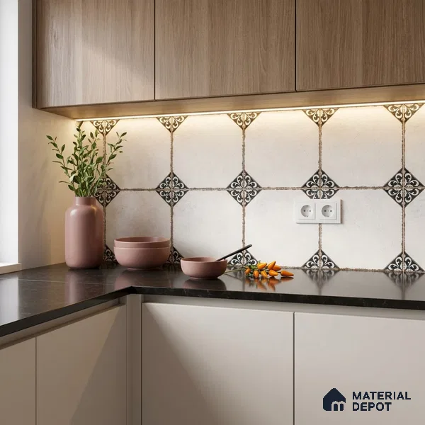 Moroccan Wall & Floor Athangudi Tile TL 10472 B Menta Black 1 ft x 1 ft Vitrified Glue Granula Matte Finish - 9.5 mm | Suitable for Bathroom, Kitchen, Balcony | 2 mm Spacer is Mandatory | Please Expect a Slight Variation of Pattern