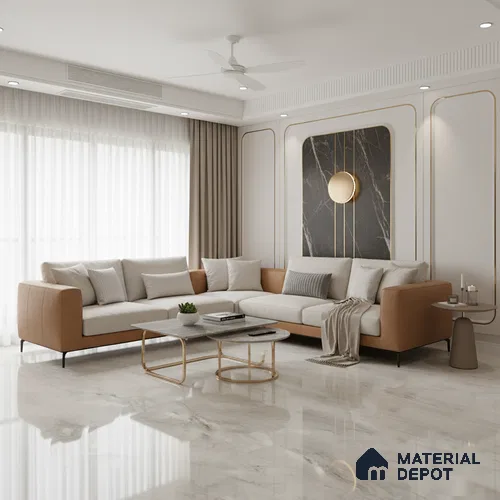 Large Format Marble Floor Tile TL 10549 Milano Grey Glossy Finish Vitrified Tile - 15 mm | Suitable for Living Room, Bedroom, Office | Adhesive and Spacers Must be Used During Installation