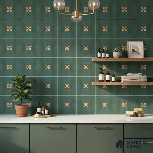 Moroccan Wall & Floor Athangudi Tile TL 10552 Palace Verde 1 ft x 1 ft Matte Finish Ceramic Tile - 9 mm | Suitable for Bathroom, Kitchen, Balcony | Please Expect a Slight Variation of Pattern