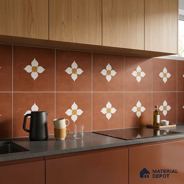 Moroccan Wall & Floor Tile TL 10558 Blossom Terracotta 12 inch x 12 inch Matte Finish Ceramic Tile - 7.5 mm | Suitable for Bathroom, Kitchen, Balcony | Please Expect a Slight Variation of Pattern