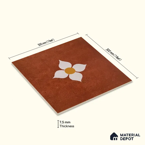 Moroccan Wall & Floor Tile TL 10558 Blossom Terracotta 12 inch x 12 inch Matte Finish Ceramic Tile - 7.5 mm | Suitable for Bathroom, Kitchen, Balcony | Please Expect a Slight Variation of Pattern