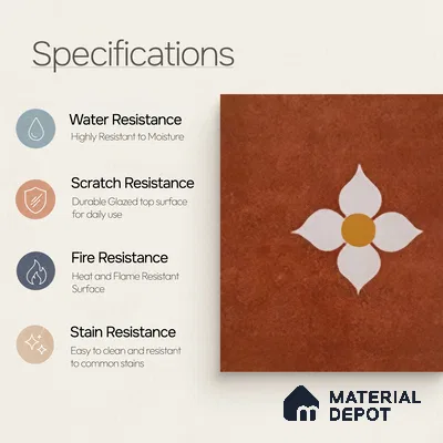 Moroccan Wall & Floor Tile TL 10558 Blossom Terracotta 12 inch x 12 inch Matte Finish Ceramic Tile - 7.5 mm | Suitable for Bathroom, Kitchen, Balcony | Please Expect a Slight Variation of Pattern