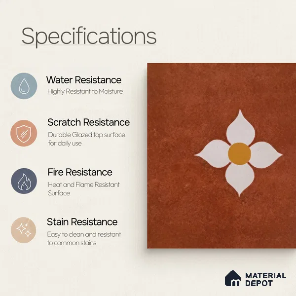 Moroccan Wall & Floor Tile TL 10558 Blossom Terracotta 12 inch x 12 inch Matte Finish Ceramic Tile - 7.5 mm | Suitable for Bathroom, Kitchen, Balcony | Please Expect a Slight Variation of Pattern
