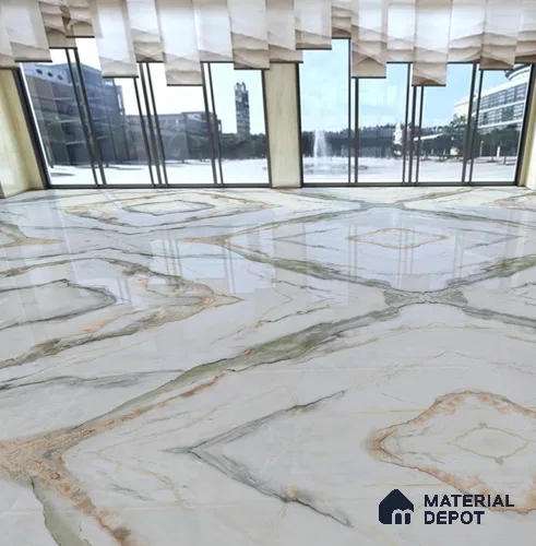 Large Format Endless Floor & Wall Tile TL 10587 Calacatta Oric 8 ft x 4 ft Colour Body Vitrified Glossy Finish - 9 mm | Suitable for Living Room, Bedroom, Bathroom | Adhesive and Spacers Must be Used During Installation