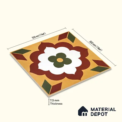 Moroccan Wall & Floor Tile TL 10595 Unity Flora 12 inch x 12 inch Matte Finish Ceramic Tile - 7.5 mm | Suitable For Bathroom, Kitchen, Balcony | Please Expect a Slight Variation of Pattern