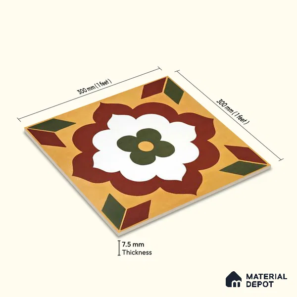 Moroccan Wall & Floor Tile TL 10595 Unity Flora 12 inch x 12 inch Matte Finish Ceramic Tile - 7.5 mm | Suitable For Bathroom, Kitchen, Balcony | Please Expect a Slight Variation of Pattern