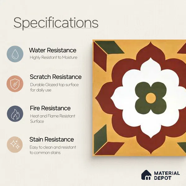 Moroccan Wall & Floor Tile TL 10595 Unity Flora 12 inch x 12 inch Matte Finish Ceramic Tile - 7.5 mm | Suitable For Bathroom, Kitchen, Balcony | Please Expect a Slight Variation of Pattern