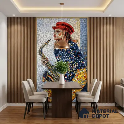Faux Mosaic Mural Poster Wall Tile TL 10606 Trumpet Lady 4 ft x 2 ft Vitrified Glossy Punch Finish - 9 mm | Suitable For Living Room, Bedroom & Office