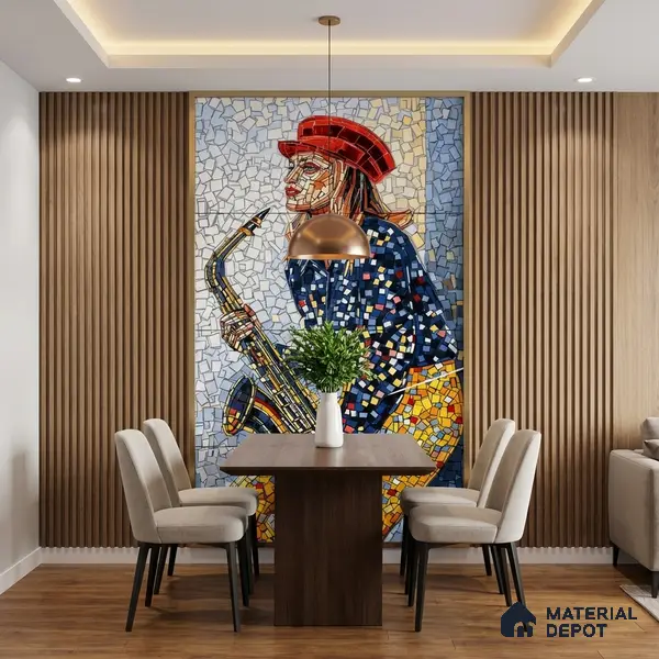Faux Mosaic Mural Poster Wall Tile TL 10606 Trumpet Lady 4 ft x 2 ft Vitrified Glossy Punch Finish - 9 mm | Suitable For Living Room, Bedroom & Office