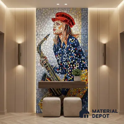 Faux Mosaic Mural Poster Wall Tile TL 10606 Trumpet Lady 4 ft x 2 ft Vitrified Glossy Punch Finish - 9 mm | Suitable For Living Room, Bedroom & Office
