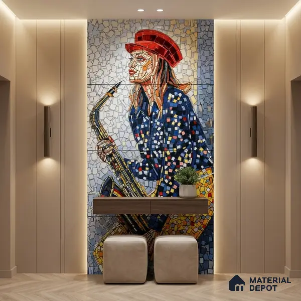 Faux Mosaic Mural Poster Wall Tile TL 10606 Trumpet Lady 4 ft x 2 ft Vitrified Glossy Punch Finish - 9 mm | Suitable For Living Room, Bedroom & Office