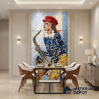 Faux Mosaic Mural Poster Wall Tile TL 10606 Trumpet Lady 4 ft x 2 ft Vitrified Glossy Punch Finish - 9 mm | Suitable For Living Room, Bedroom & Office