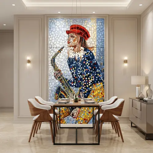 Faux Mosaic Mural Poster Wall Tile TL 10606 Trumpet Lady 4 ft x 2 ft Vitrified Glossy Punch Finish - 9 mm | Suitable For Living Room, Bedroom & Office