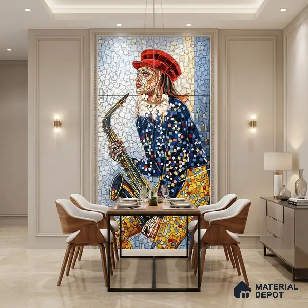 Faux Mosaic Mural Poster Wall Tile TL 10606 Trumpet Lady 4 ft x 2 ft Vitrified Glossy Punch Finish - 9 mm | Suitable For Living Room, Bedroom & Office