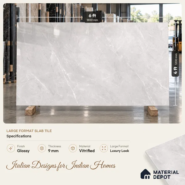 Marble Endless Floor & Wall Tile TL 10675 SHG Magnum Gray 6 ft x 4 ft Glossy Finish Vitrified Tile - 9 mm | Random 3 | Suitable For living Room, Bedroom, Bathroom | Adhesive and Spacers Must be Used During Installation