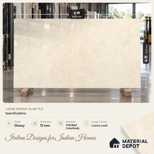 Marble Floor Large Format Tile TL 10776 Raw Beige Marfil 6 ft x 4 ft Glossy Finish Vitrified Colorbody Tile - 15 mm | Suitable for Living Room, Bedroom & Bathroom | Adhesive and Spacers Must be Used During Installation