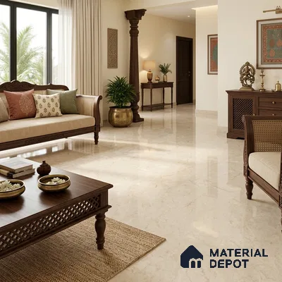 Marble Floor Large Format Tile TL 10776 Raw Beige Marfil 6 ft x 4 ft Glossy Finish Vitrified Colorbody Tile - 15 mm | Suitable for Living Room, Bedroom & Bathroom | Adhesive and Spacers Must be Used During Installation