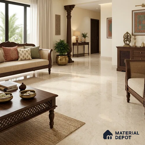 Marble Floor Large Format Tile TL 10776 Raw Beige Marfil 6 ft x 4 ft Glossy Finish Vitrified Colorbody Tile - 15 mm | Suitable for Living Room, Bedroom & Bathroom | Adhesive and Spacers Must be Used During Installation