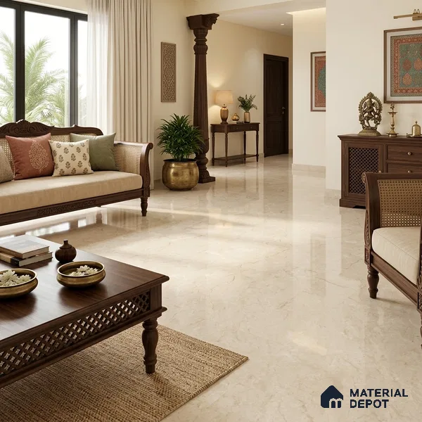 Marble Floor Large Format Tile TL 10776 Raw Beige Marfil 6 ft x 4 ft Glossy Finish Vitrified Colorbody Tile - 15 mm | Suitable for Living Room, Bedroom & Bathroom | Adhesive and Spacers Must be Used During Installation