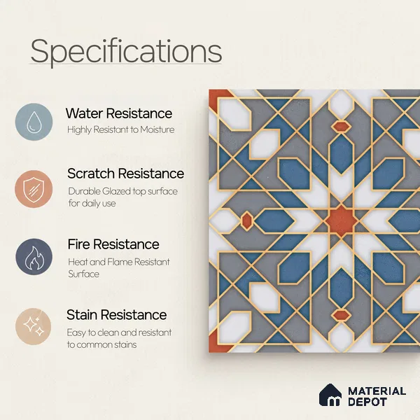 Moroccan Wall & Floor Tile TL 10814 Metallic Mist 1 ft x 1 ft Matt Luster Finish Ceramic Tile - 10 mm | Suitable For Kitchen, Bathroom, Balcony | Please Expect a Slight Variation of Pattern